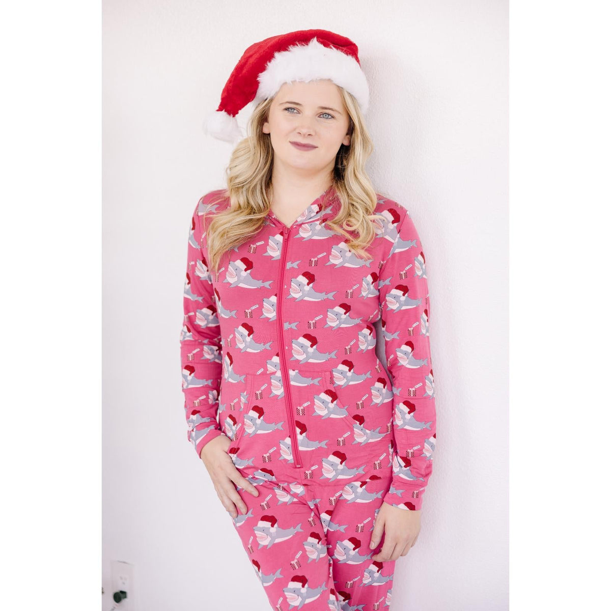 Women's Print Long Sleeve Jumpsuit with Hood in Winter Rose Holiday Sharks