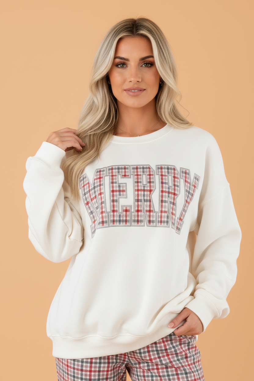 Christmas MERRY Plaid Embroidered Letter Print Sweatshirt
