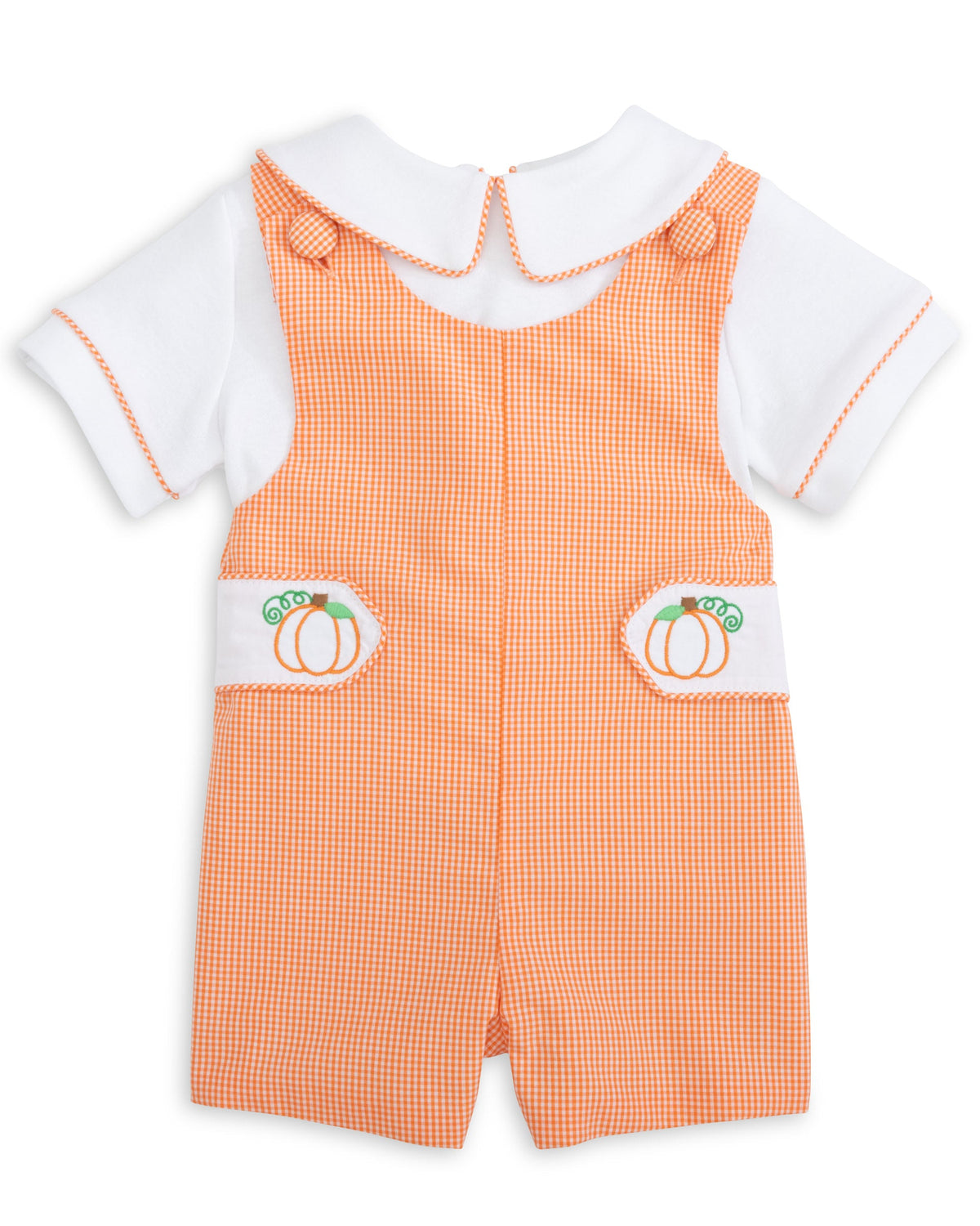Proper Pumpkins Orange Gingham Shortall and Shirt Set with Pumpkin Embroidered Tabs