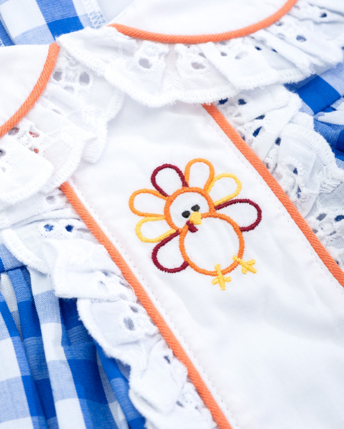 Thankful Navy Gingham A-Line Dress with Turkey Embroidery
