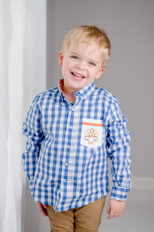 Thankful Navy Gingham Button Down Shirt with Turkey Embroidered Pocket