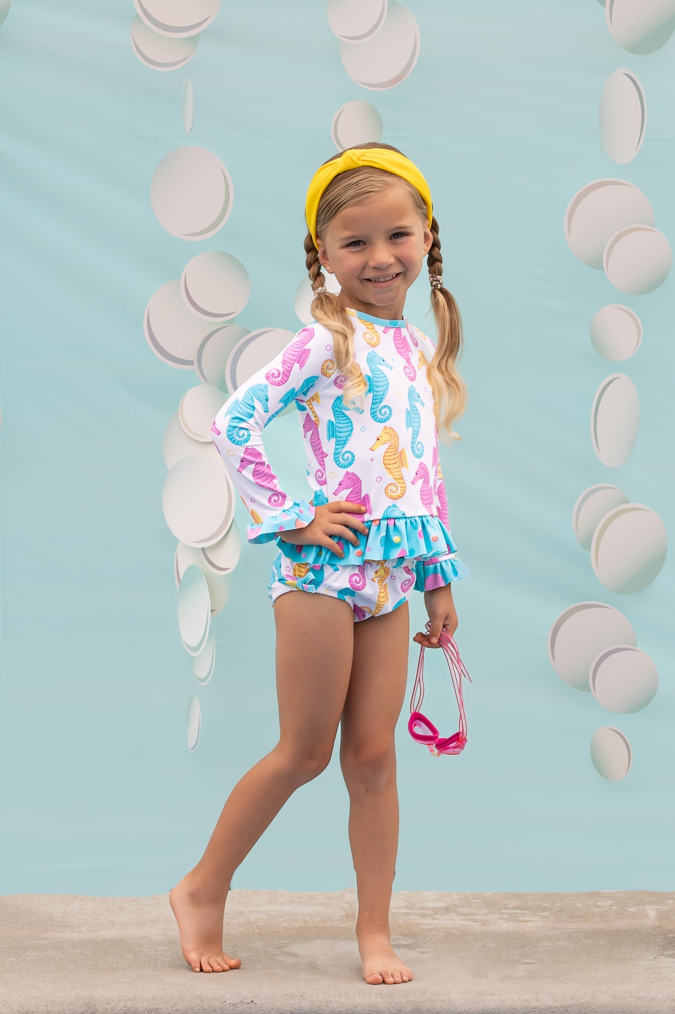 Seahorse Print Rash Guard Swim Suit Set