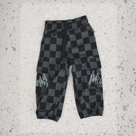 BLACK & GRAY CHECKERED FLAME • CARGO JOGGERS