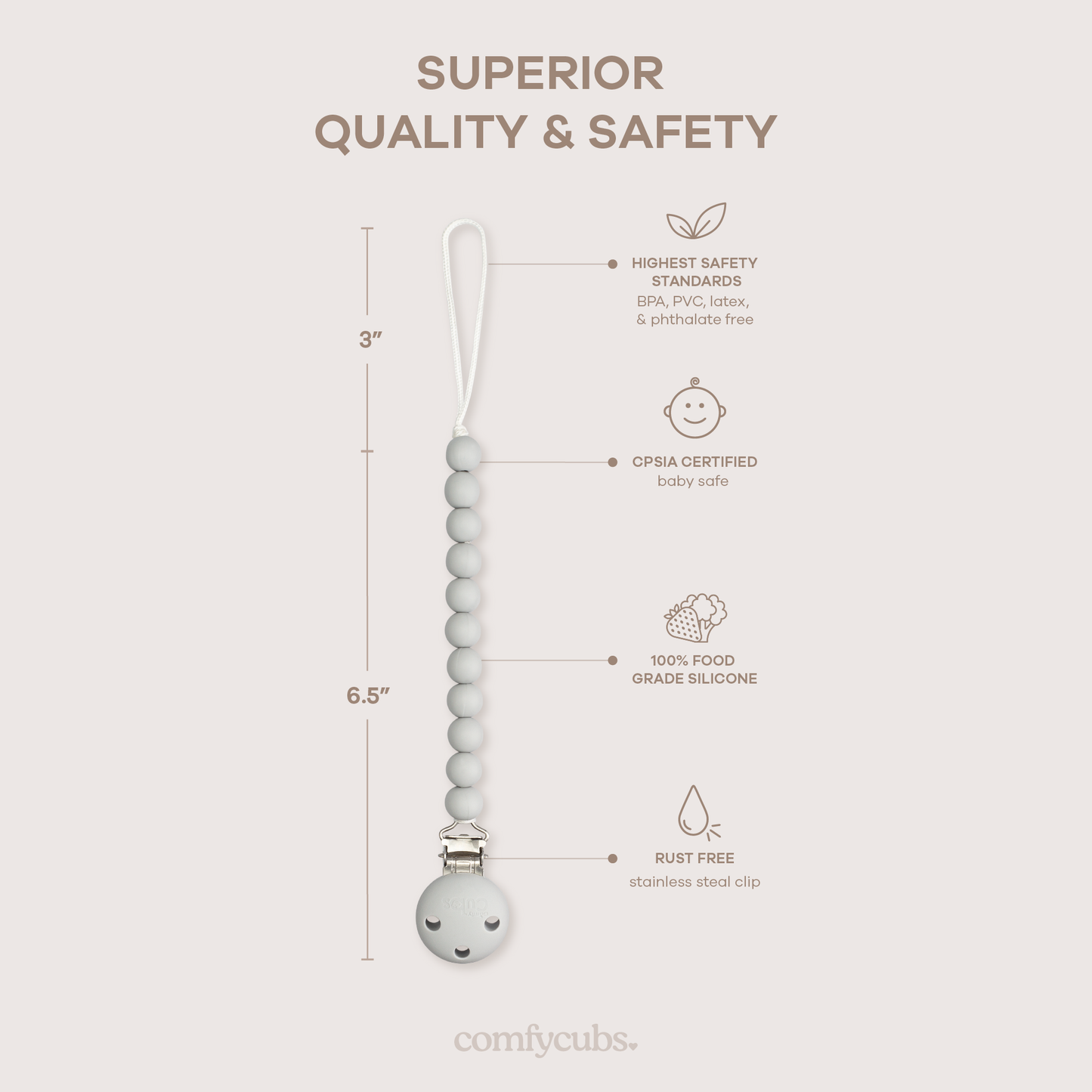 Pacifier Clips in Grey, 2 Pack