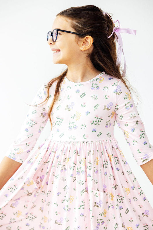 Pastel Petals 3/4 Sleeve Pocket Twirl Dress