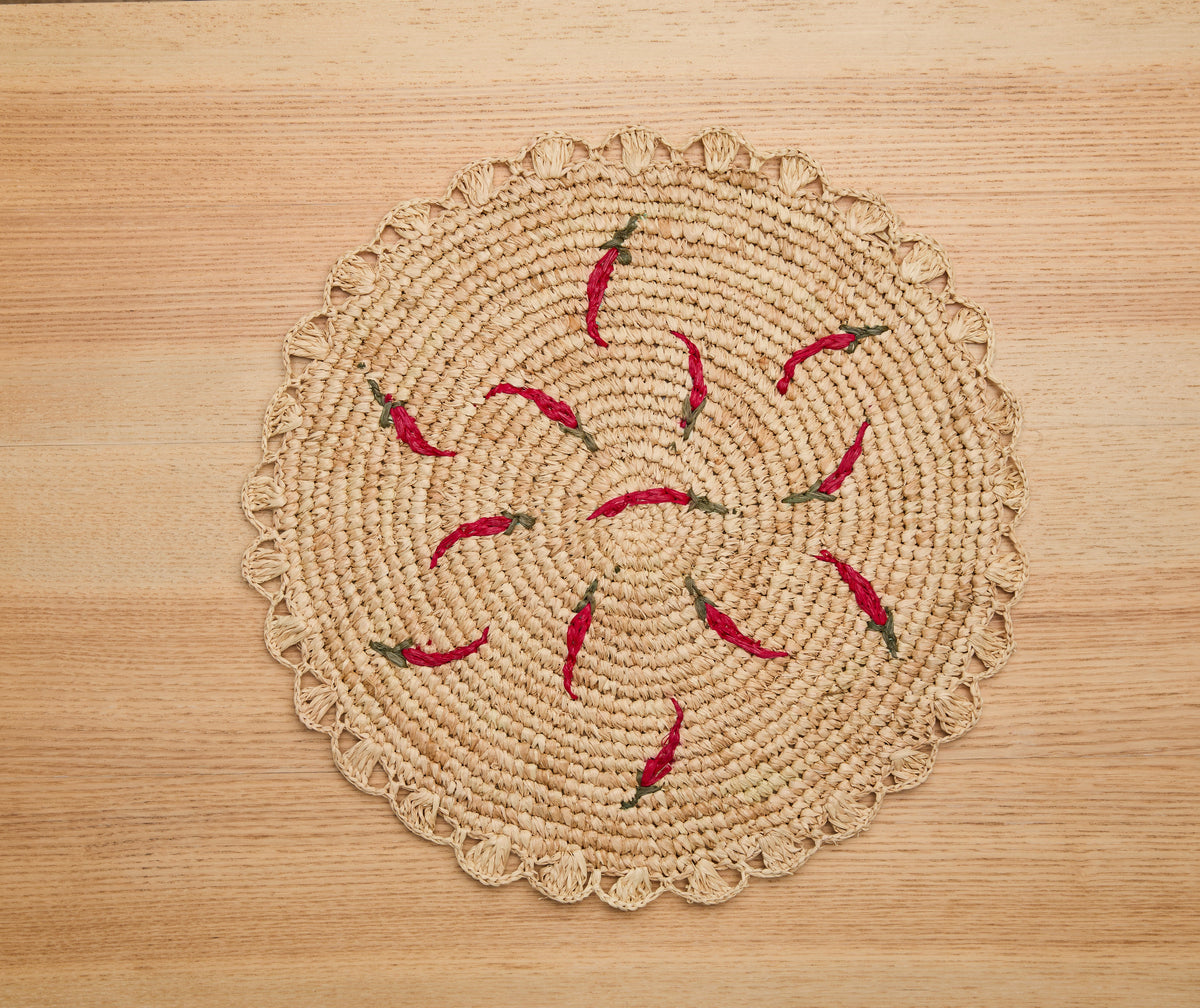 Scattered Chili Handwoven Raffia Round Placemat – Artisan Table Décor