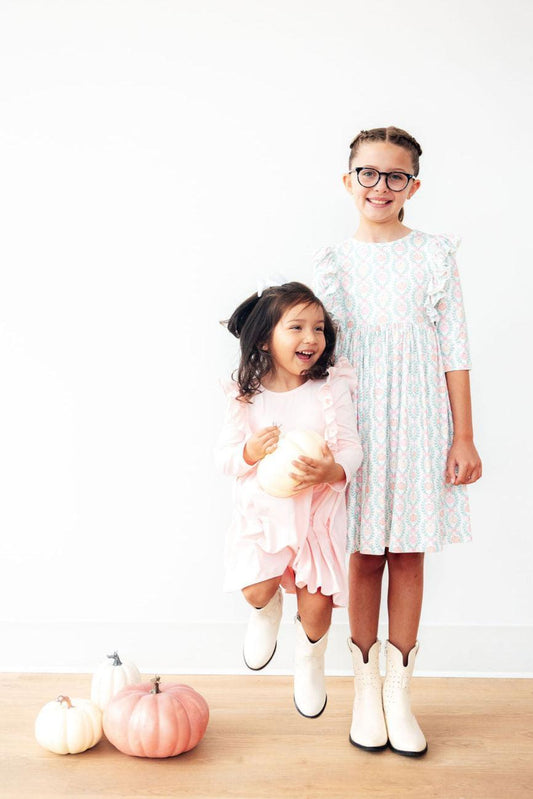 Petal Pink 3/4 Sleeve Ruffle Twirl Dress