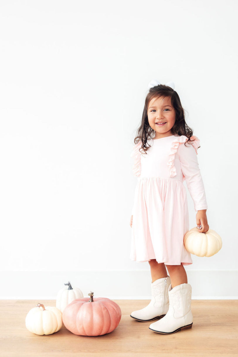 Petal Pink 3/4 Sleeve Ruffle Twirl Dress