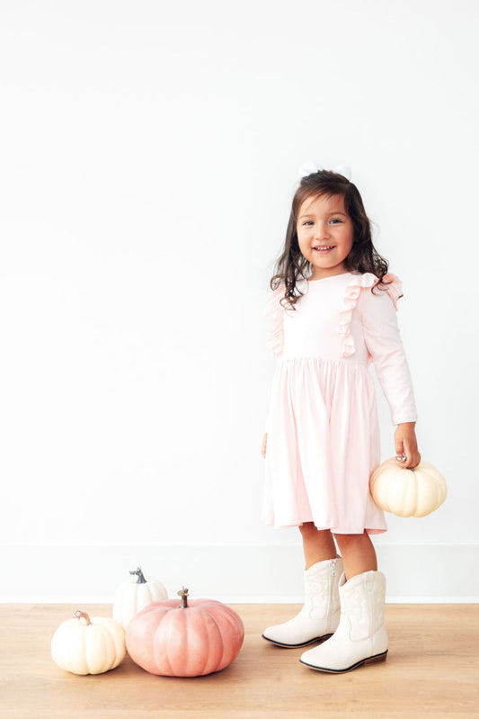 Petal Pink 3/4 Sleeve Ruffle Twirl Dress