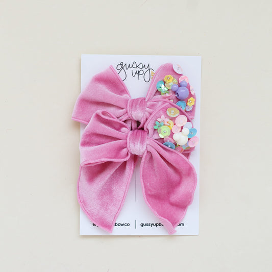 Pink Velvet Sequin Mouse Whimsy Pigtail Set