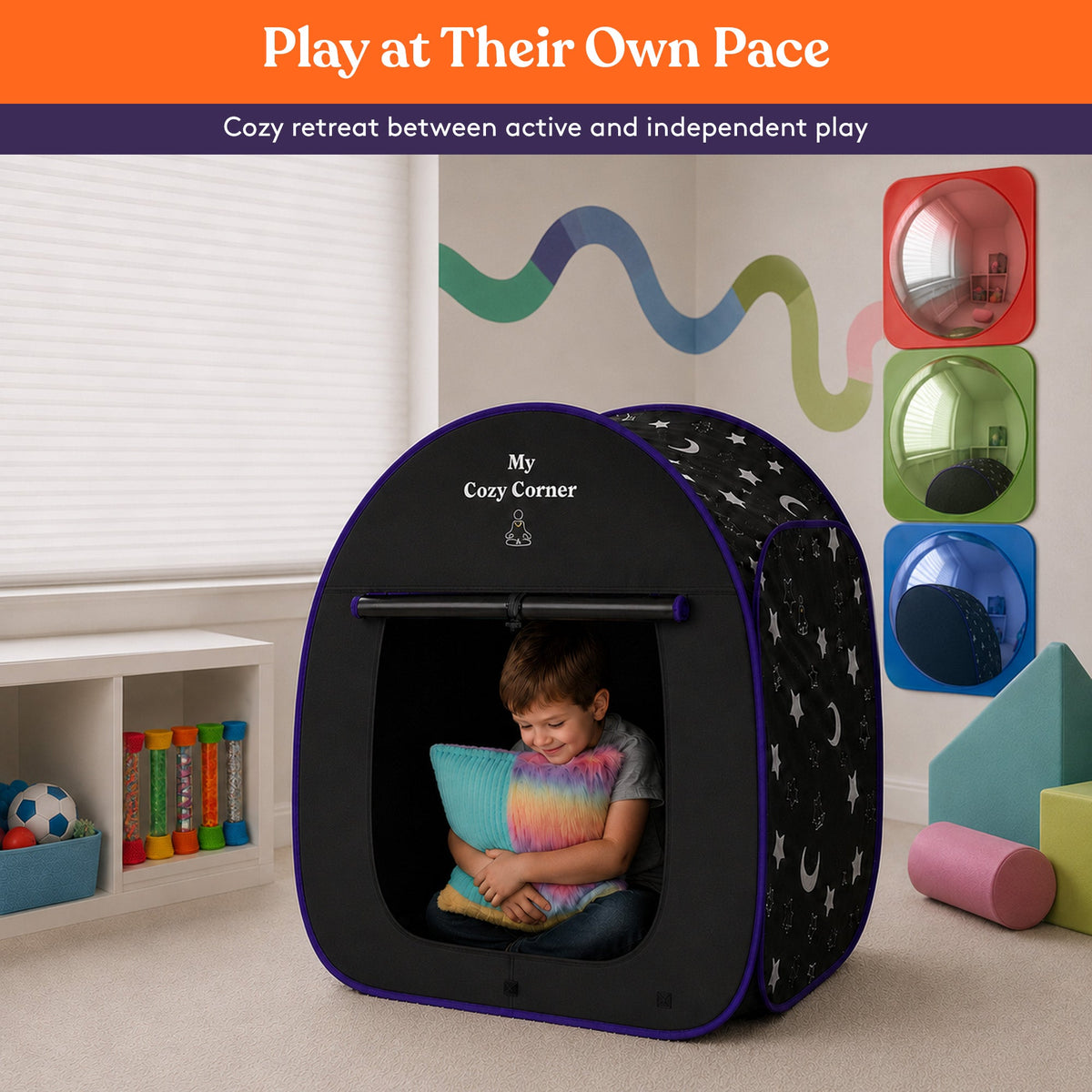 Blackout Sensory Tent for Kids, Pop Up Calming Play Room with Fiber Optic Lamp and Glow-in-The-Dark Fuzzy Blanket