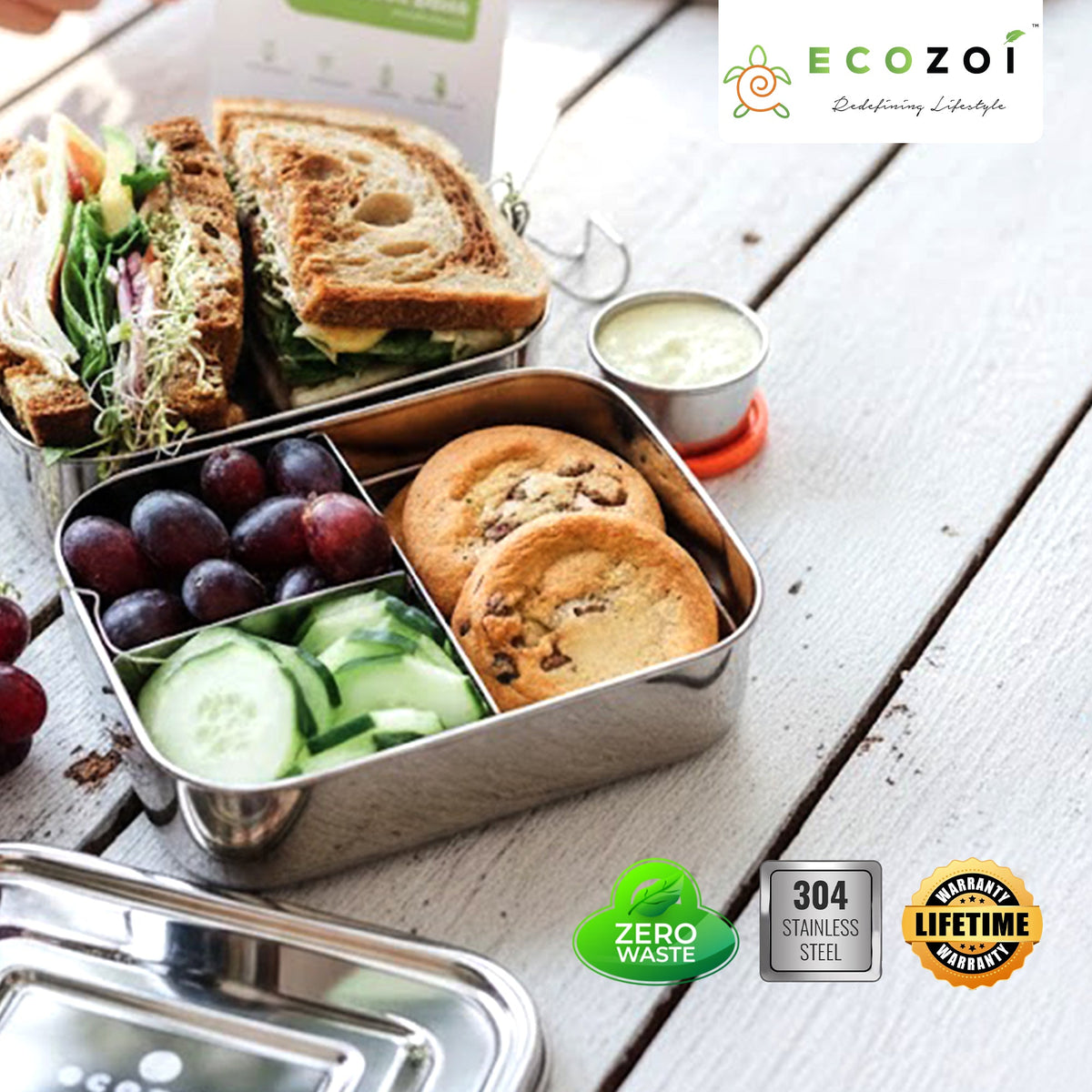 Ecozoi Stainless Steel Bento Lunch Box for Kids and Adults, 3 Compartment, Solid Print, 2 Tier Leak Proof, 60 oz
