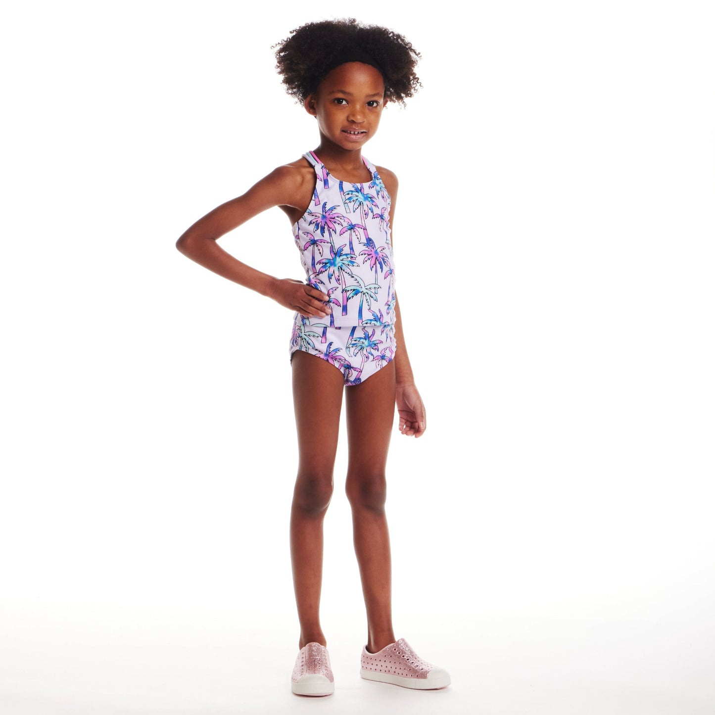 Kids (2-6x) Tankini Swimsuit Set | Purple Palm Trees