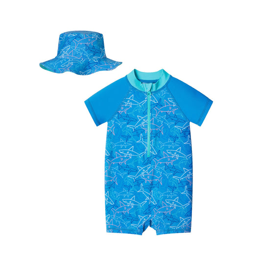 Infant (0-24M) Swim Romper & Hat Set | Shark Adventure