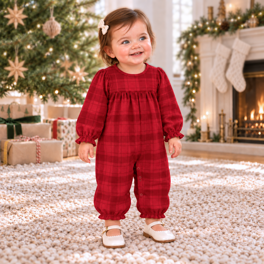 Red Plaid Baby Girl Romper With Ruffles & Puff Sleeves
