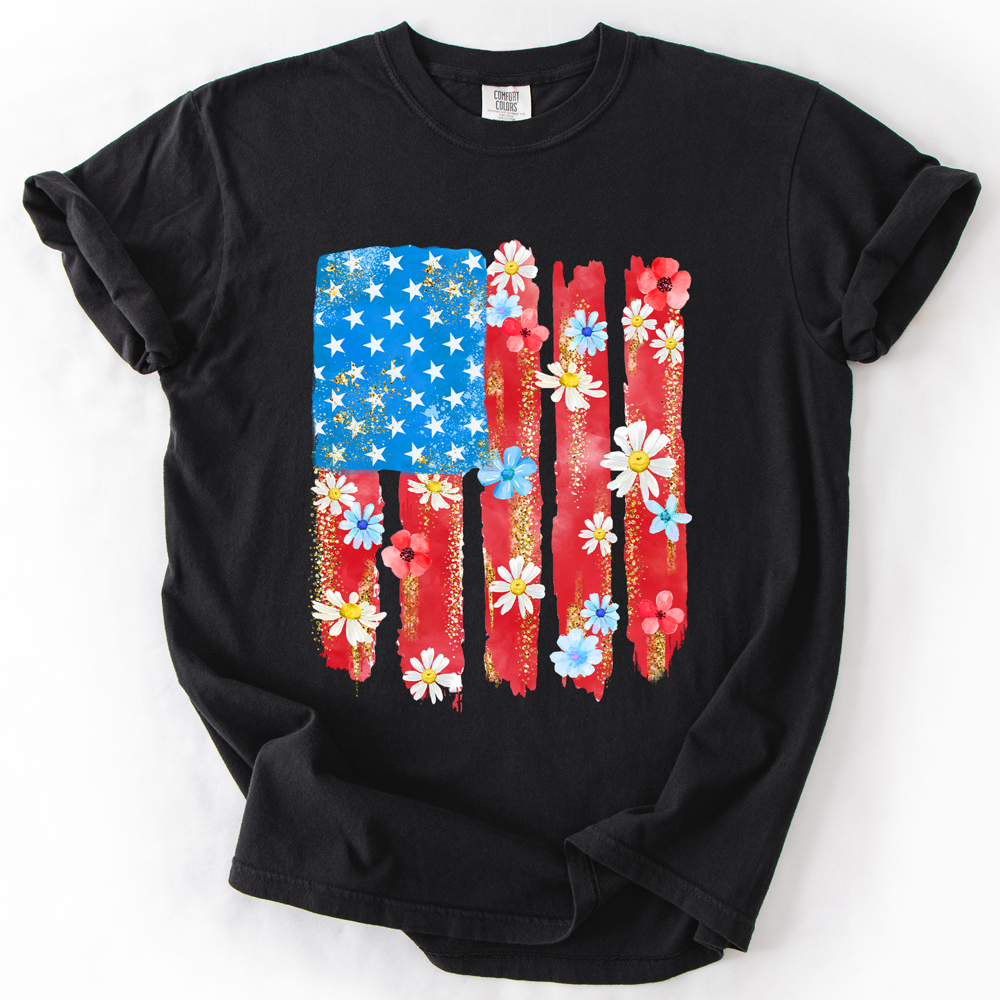 Retro Flower Flag, Fourth of July, America, Patriotic, USA, Comfort Colors T-Shirt - MTO