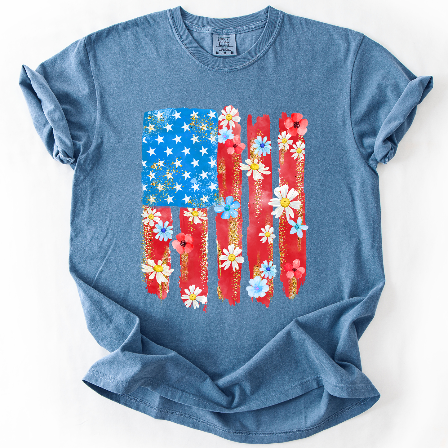 Retro Flower Flag, Fourth of July, America, Patriotic, USA, Comfort Colors T-Shirt - MTO