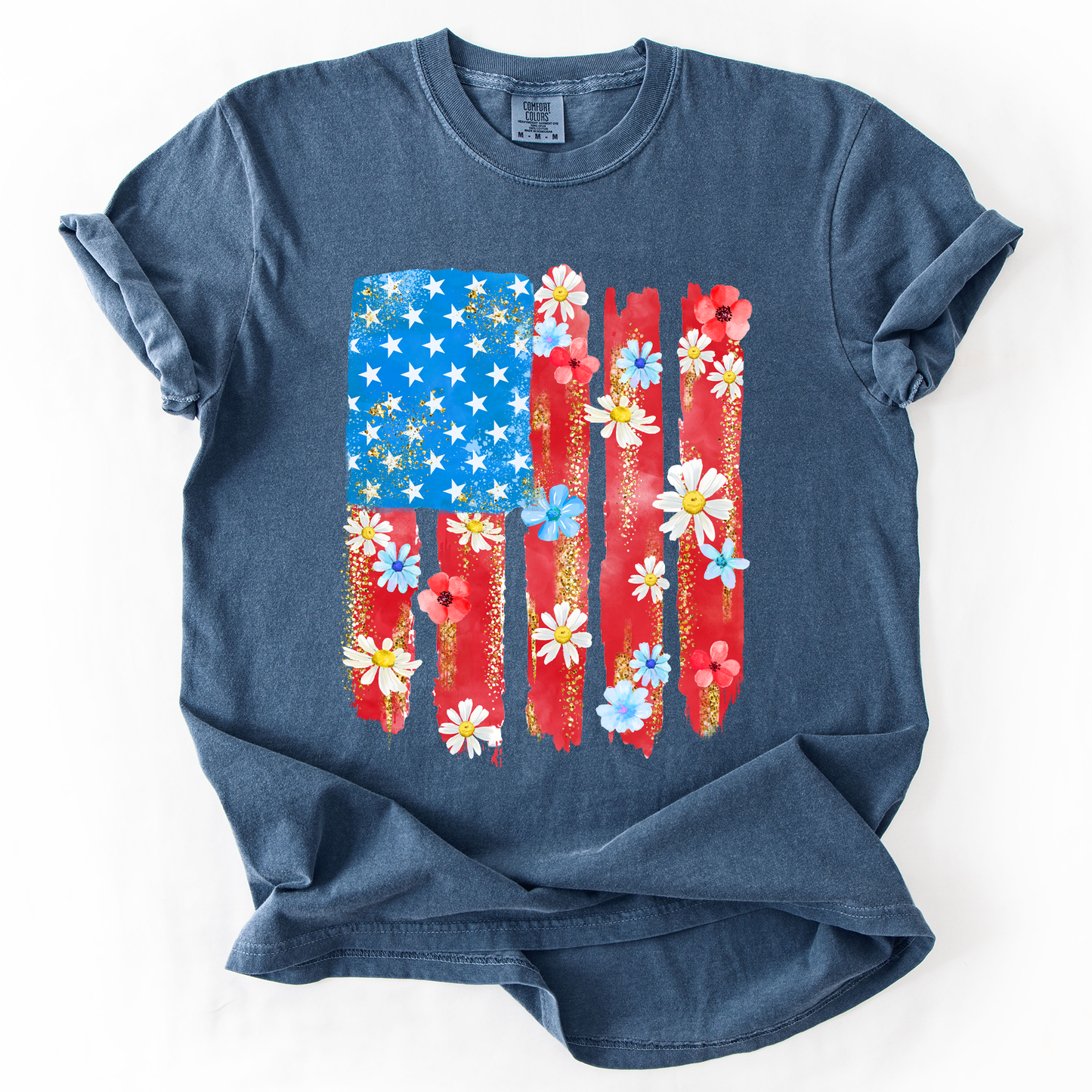 Retro Flower Flag, Fourth of July, America, Patriotic, USA, Comfort Colors T-Shirt - MTO