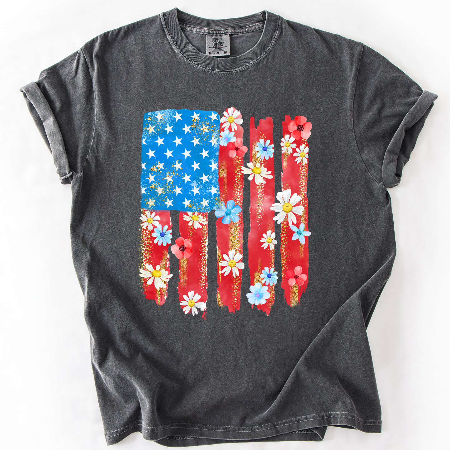 Retro Flower Flag, Fourth of July, America, Patriotic, USA, Comfort Colors T-Shirt - MTO