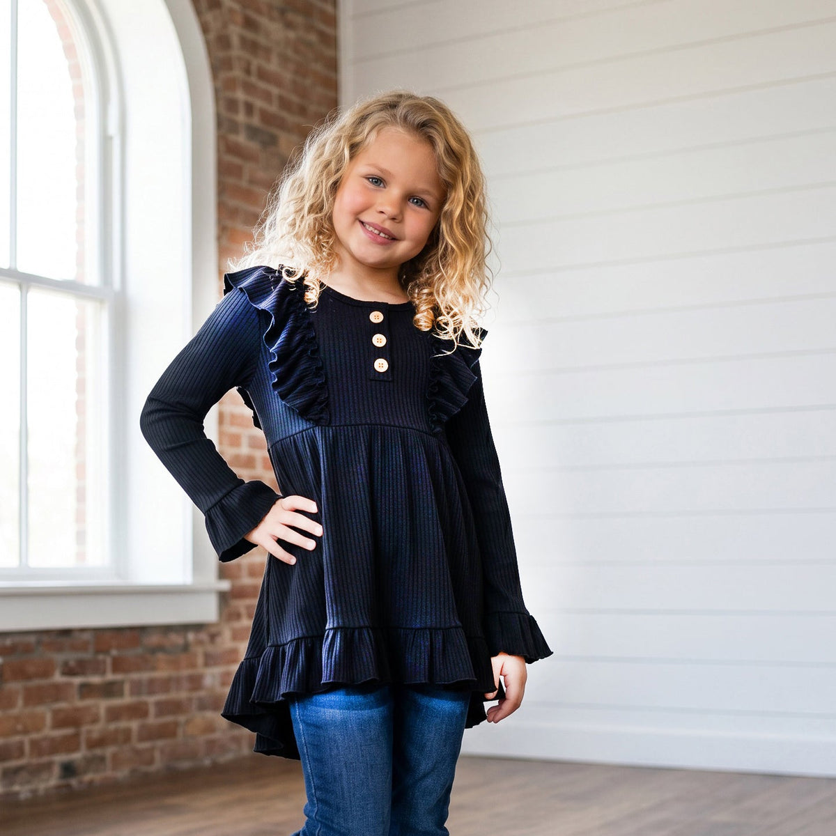 Black Ribbed Ruffle Shirt
