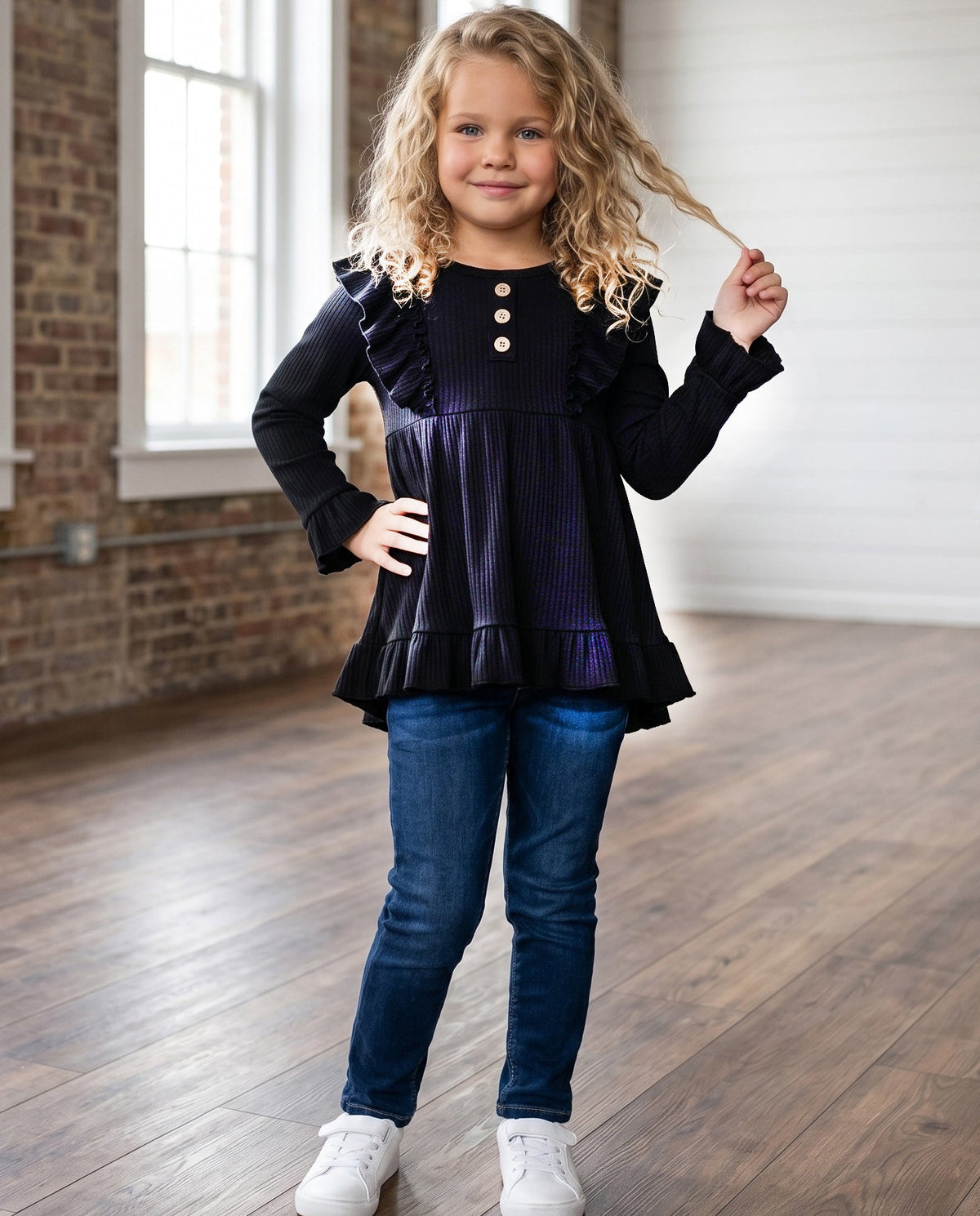 Black Ribbed Ruffle Shirt