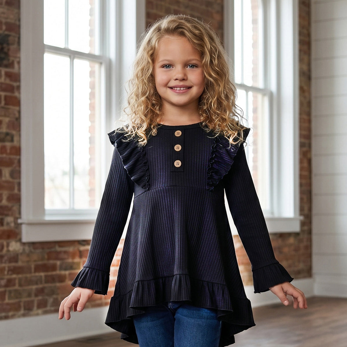 Black Ribbed Ruffle Shirt