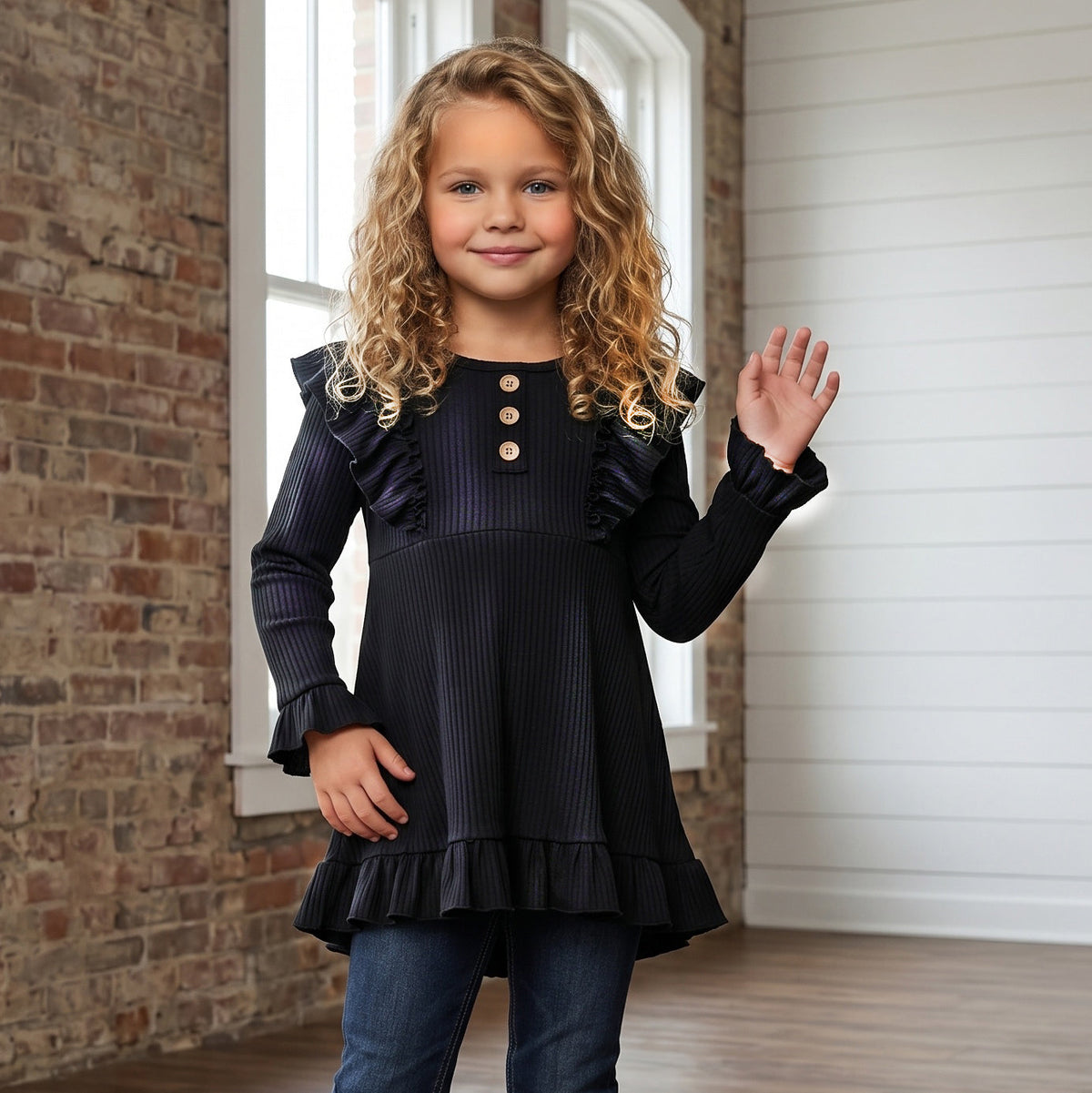 Black Ribbed Ruffle Shirt