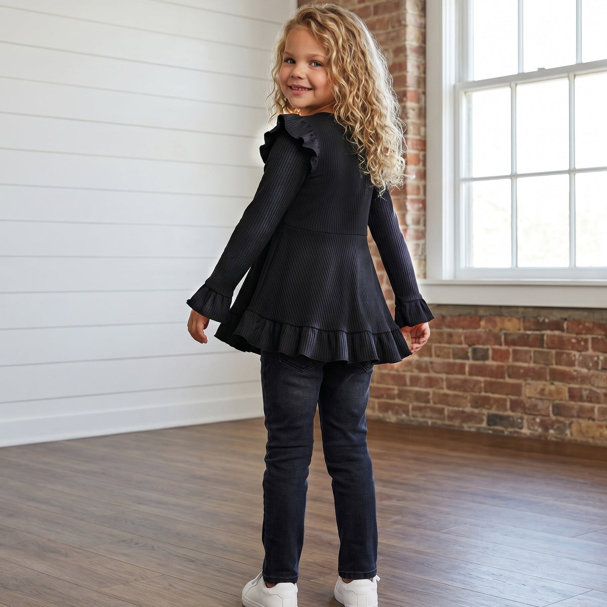 Black Ribbed Ruffle Shirt