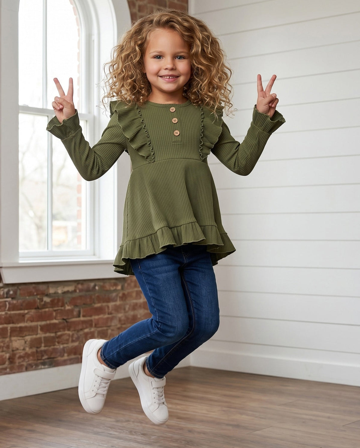 Olive Ribbed Ruffle Shirt