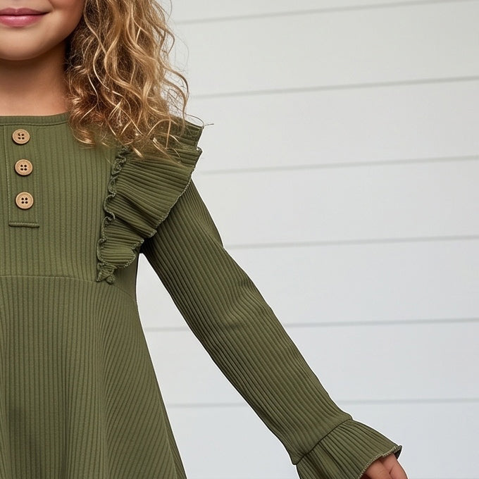 Olive Ribbed Ruffle Shirt
