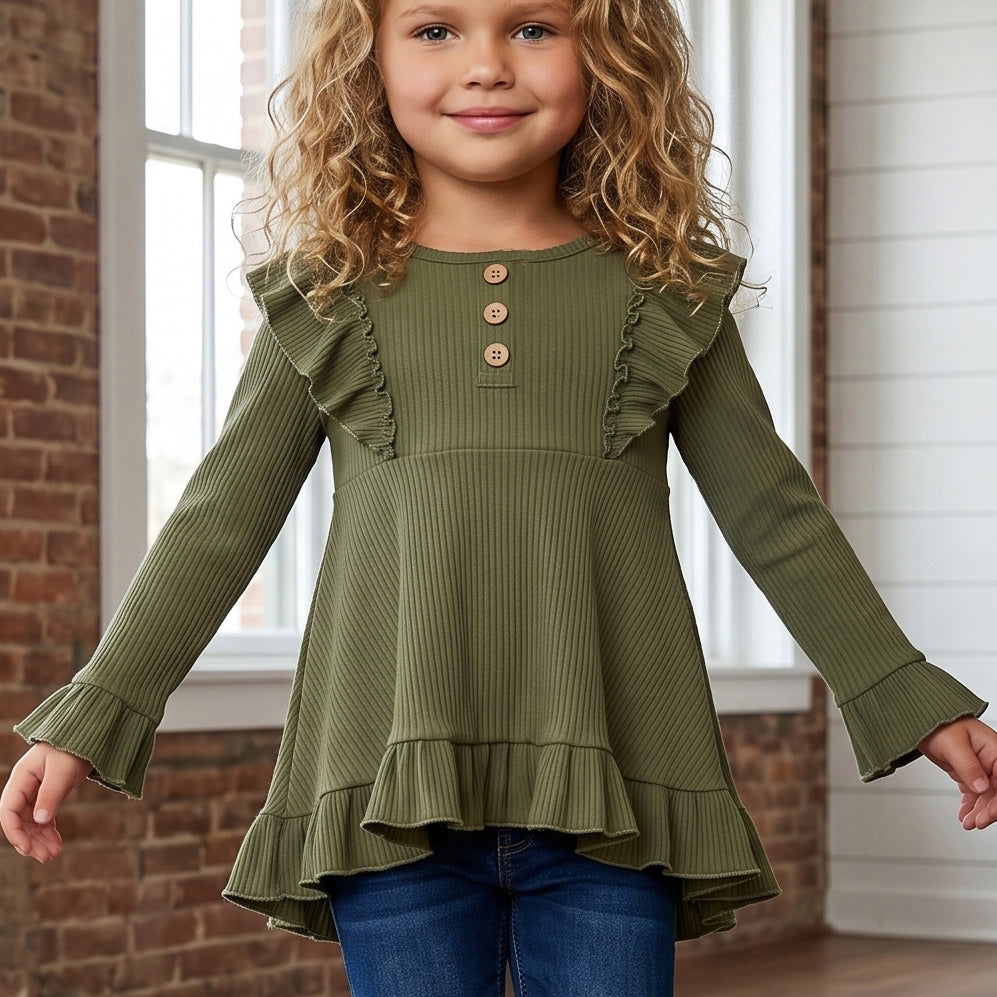 Olive Ribbed Ruffle Shirt