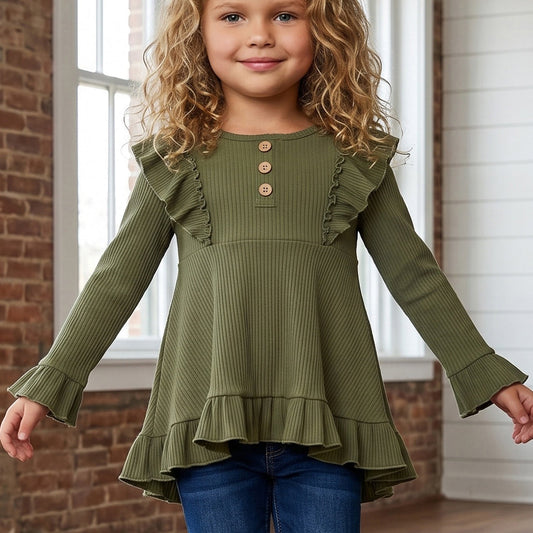 Olive Ribbed Ruffle Shirt
