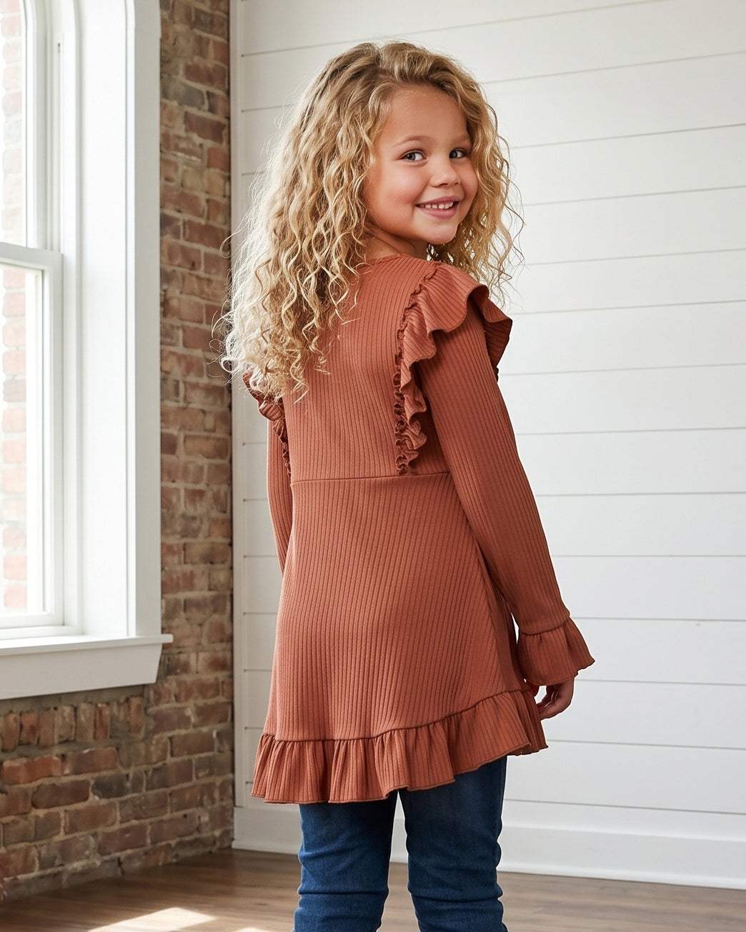Toffee Ribbed Ruffle Shirt