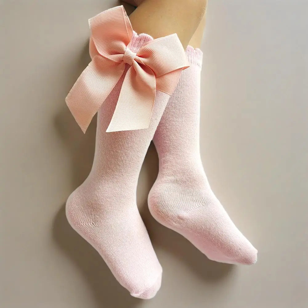 New Spring Kids Knee High Socks Baby Girls Long Sock With Bowknot Soft Cotton Solid Children Princess Socken For School