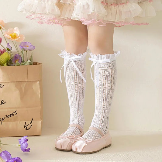 Girls Long Tube Lace Stockings Sweet Bow Jacquard Pattern Mesh Sock Baby Girl Ballet Fishing Net Frilly Socks Lolita Leggings