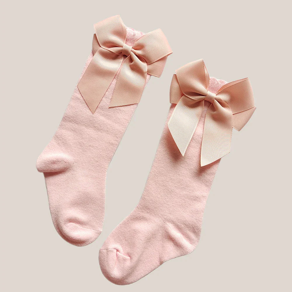 New Spring Kids Knee High Socks Baby Girls Long Sock With Bowknot Soft Cotton Solid Children Princess Socken For School