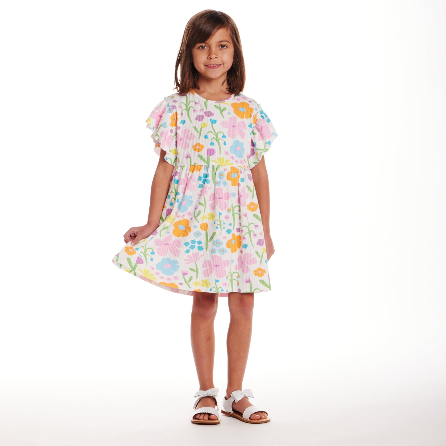 Kids (2-6x) White Rib Knit Dress w/ Ruffle Sleeves | Floral Fun