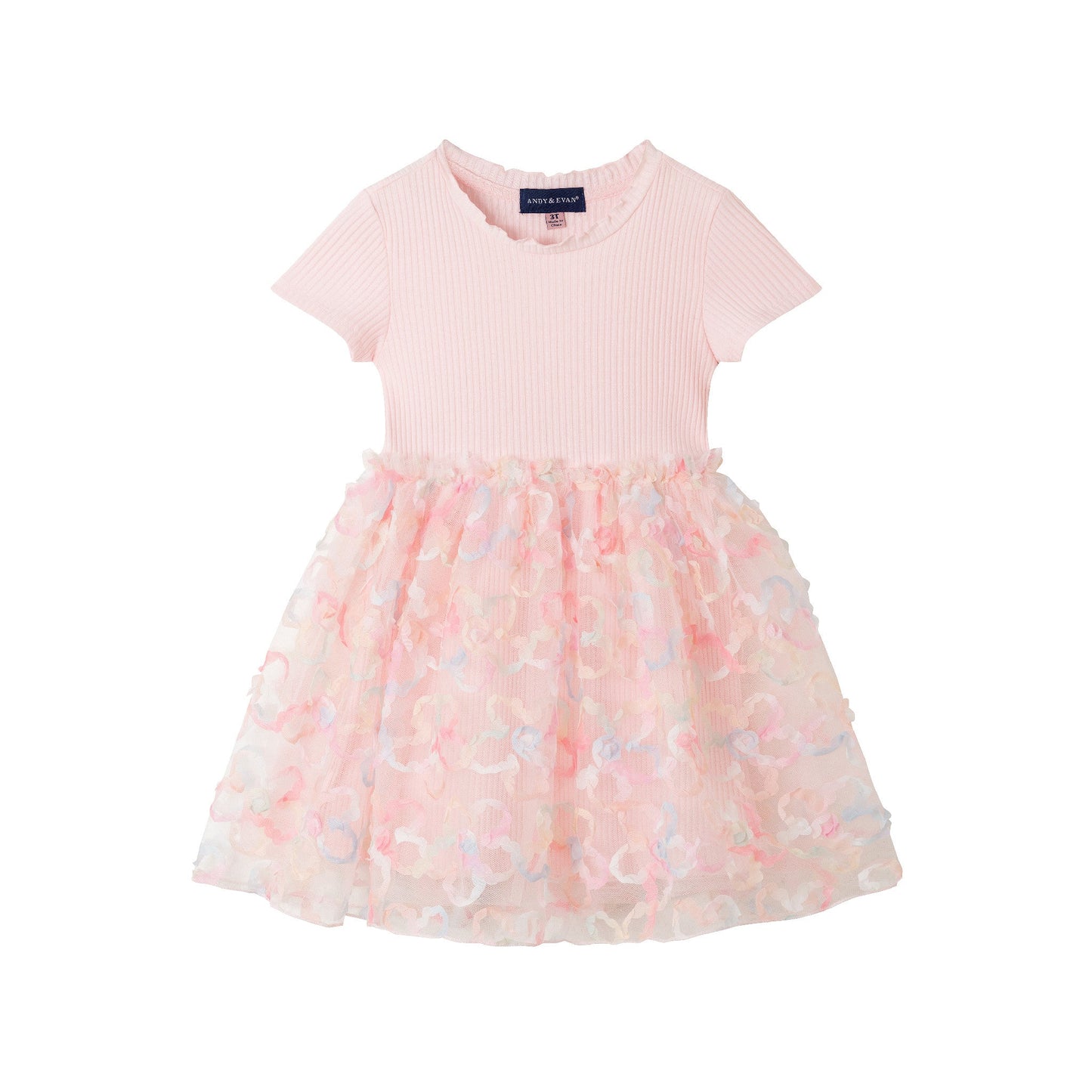 Kids (2-6x) Rib Knit Dress with 3D Floral Tulle Skirt | Light Pink