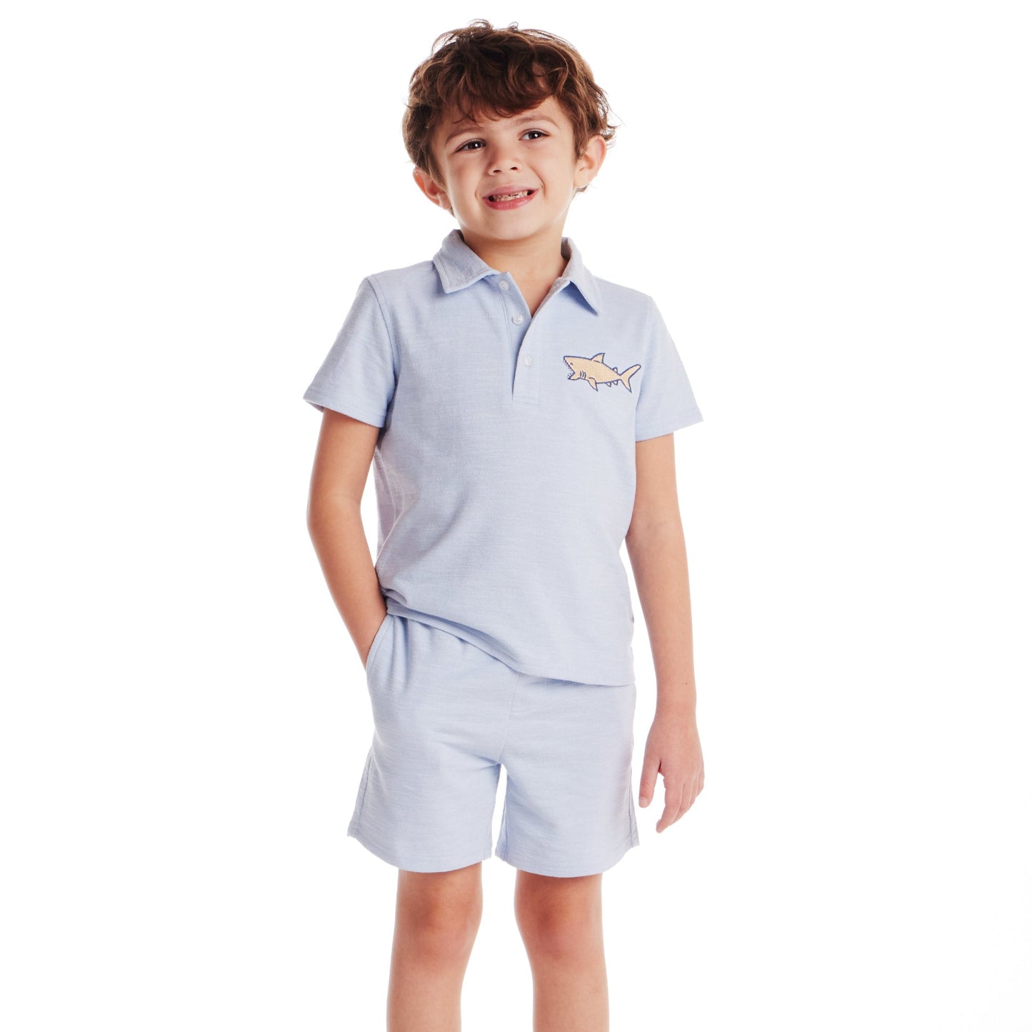 Kids (2-7) Textured Polo and Shorts Set | Light Blue Shark