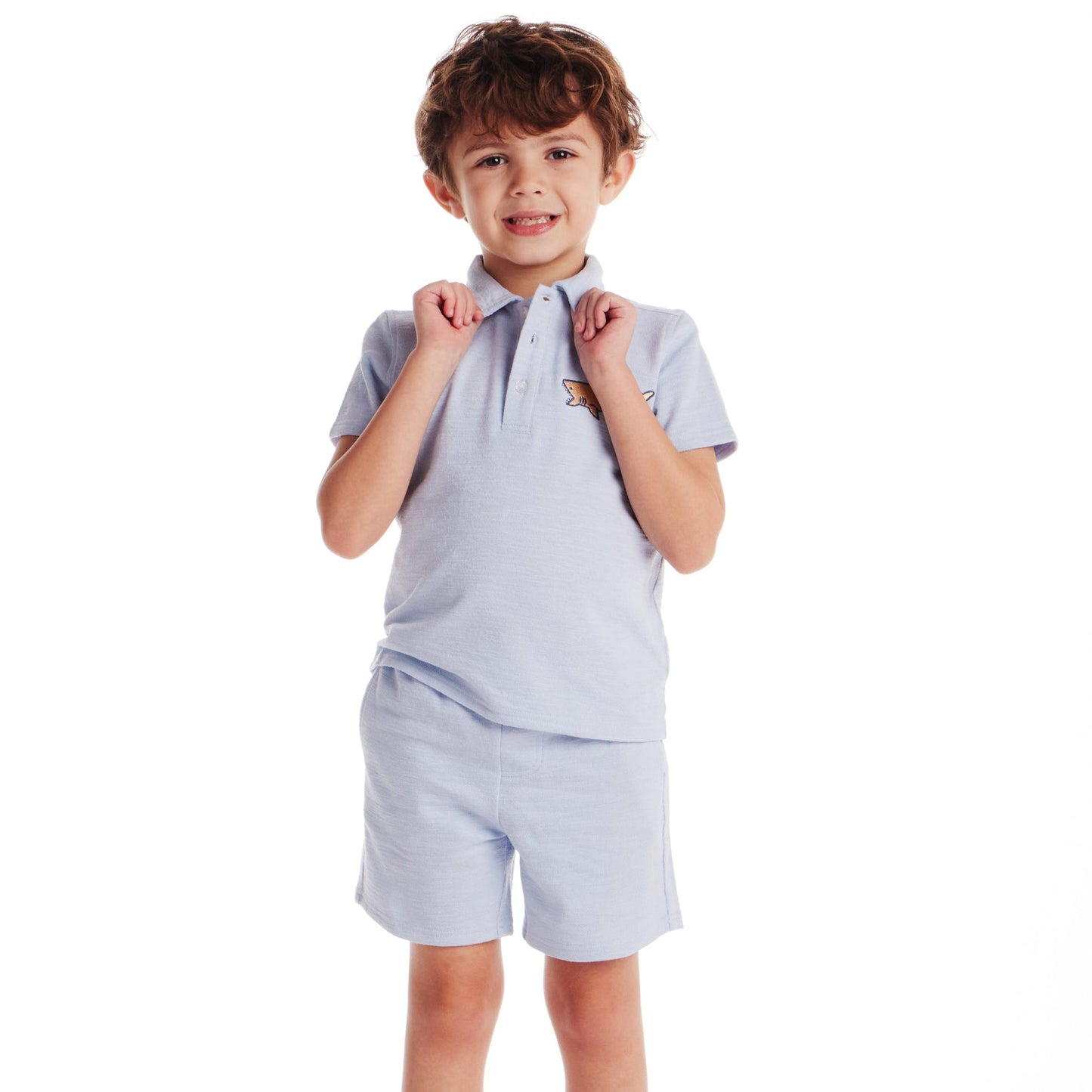 Kids (2-7) Textured Polo and Shorts Set | Light Blue Shark