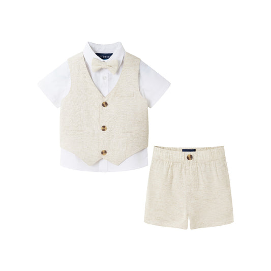 Infant (0-24M) Short Sleeve Buttondown Bowtie Vest Set | Beige