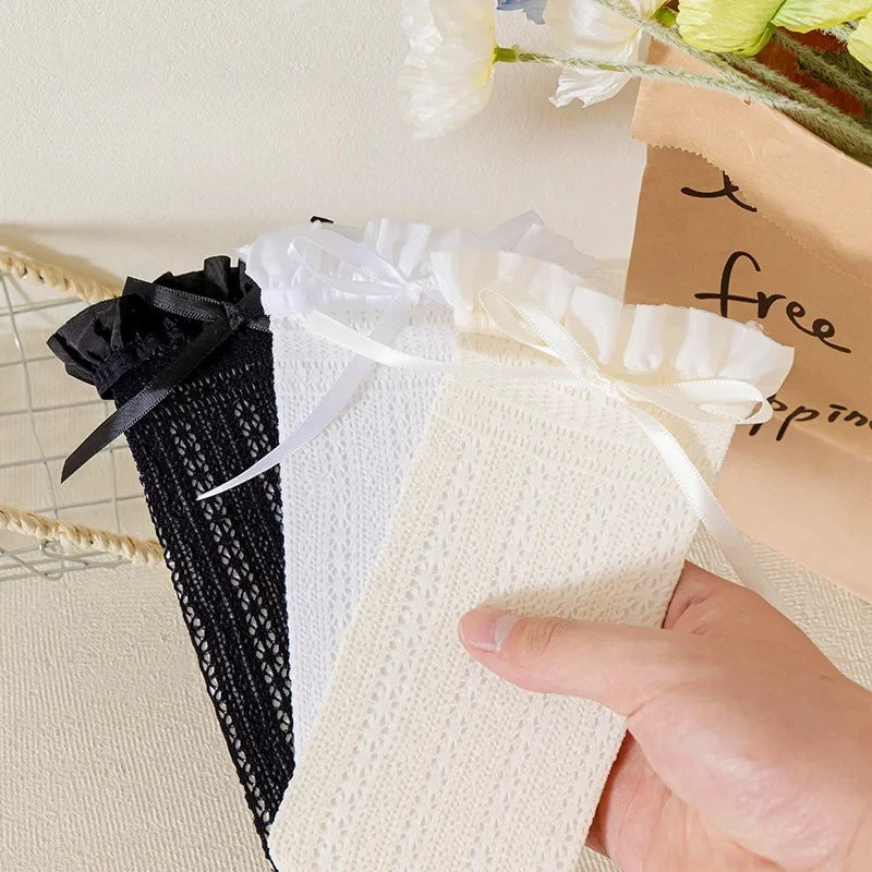 Girls Long Tube Lace Stockings Sweet Bow Jacquard Pattern Mesh Sock Baby Girl Ballet Fishing Net Frilly Socks Lolita Leggings