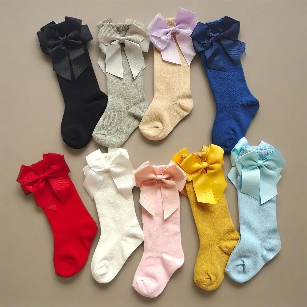 New Spring Kids Knee High Socks Baby Girls Long Sock With Bowknot Soft Cotton Solid Children Princess Socken For School