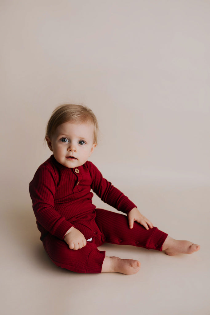 Ruby Red Baby Ribbed Playsuit with pockets