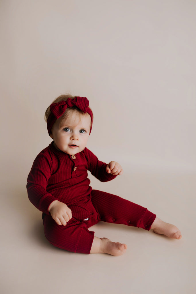 Ruby Red Baby Ribbed Playsuit with pockets