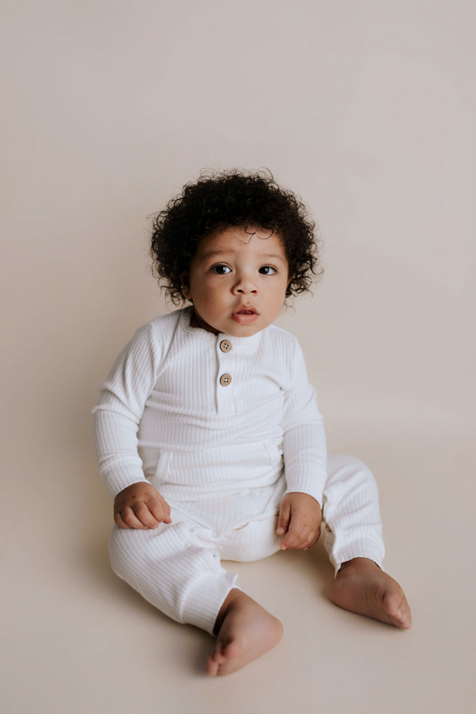 White Baby Ribbed Playsuit with pockets
