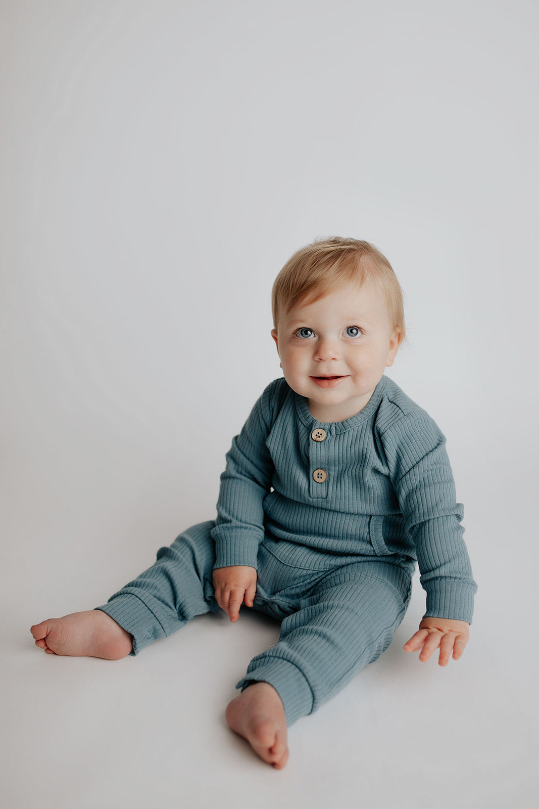 Storm Blue Baby Ribbed Playsuit with pockets
