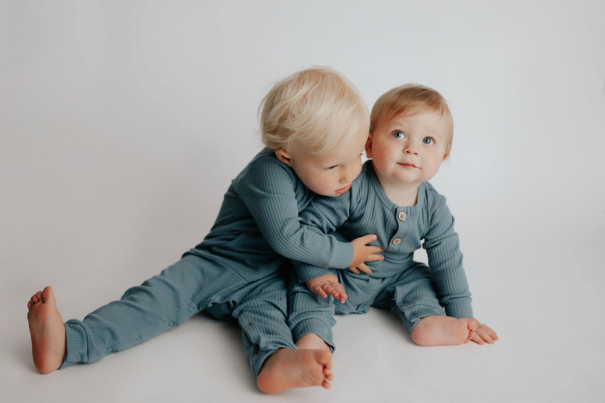 Storm Blue Baby Ribbed Playsuit with pockets