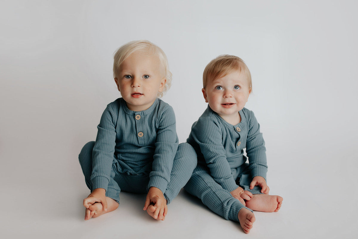 Storm Blue Baby Ribbed Playsuit with pockets
