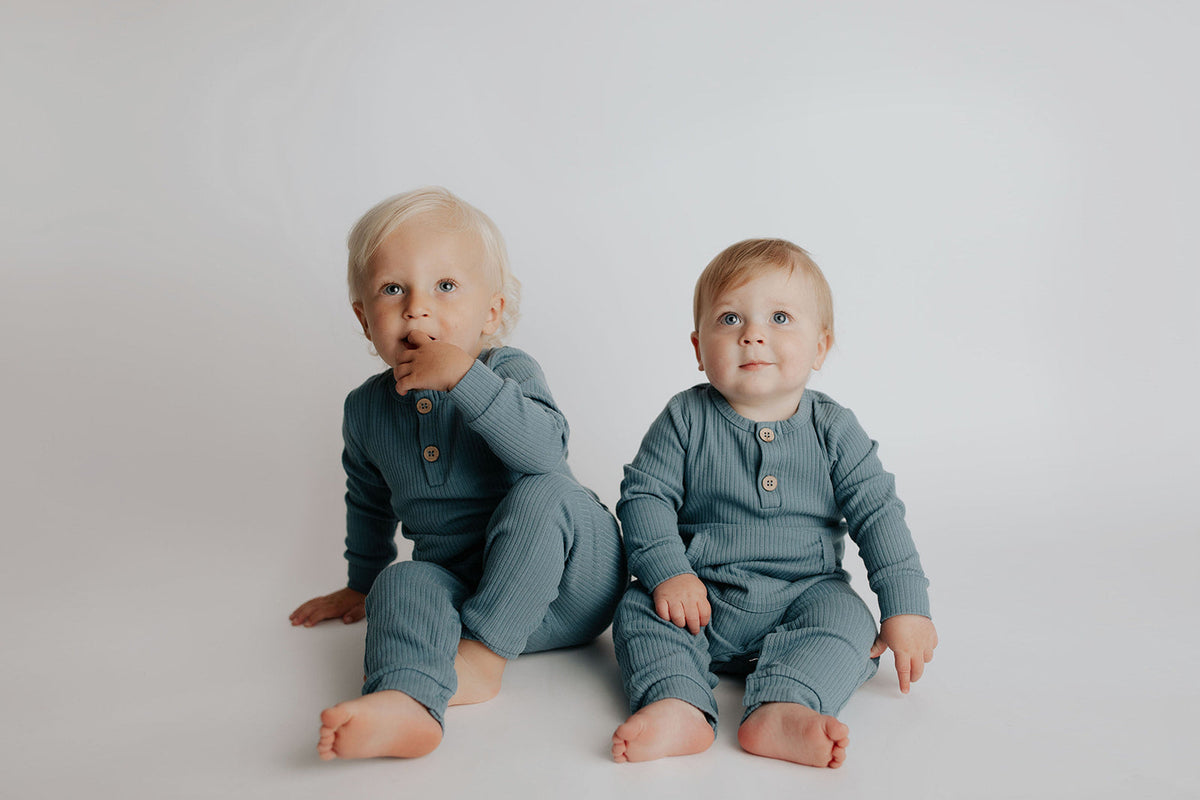Storm Blue Baby Ribbed Playsuit with pockets